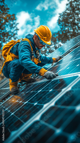 Lavoratore operaio installa pannelli solari fotovoltaici photo