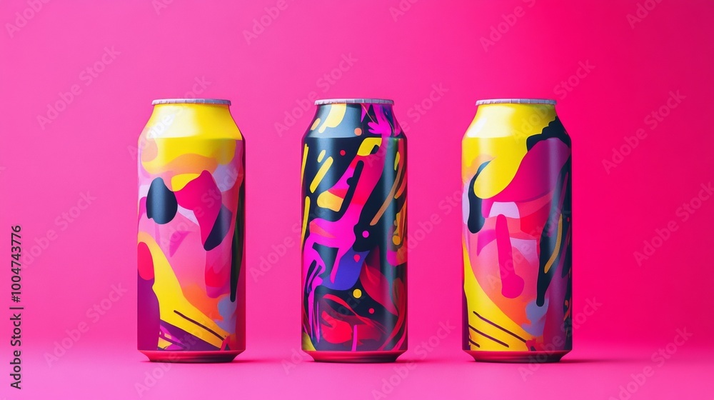 Obraz premium Three cans of soda with colorful designs on them