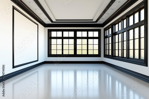 A beautifully designed room featuring large windows with black trim and elegant detailing. The polished floor enhances the modern, spacious aesthetic of the space.