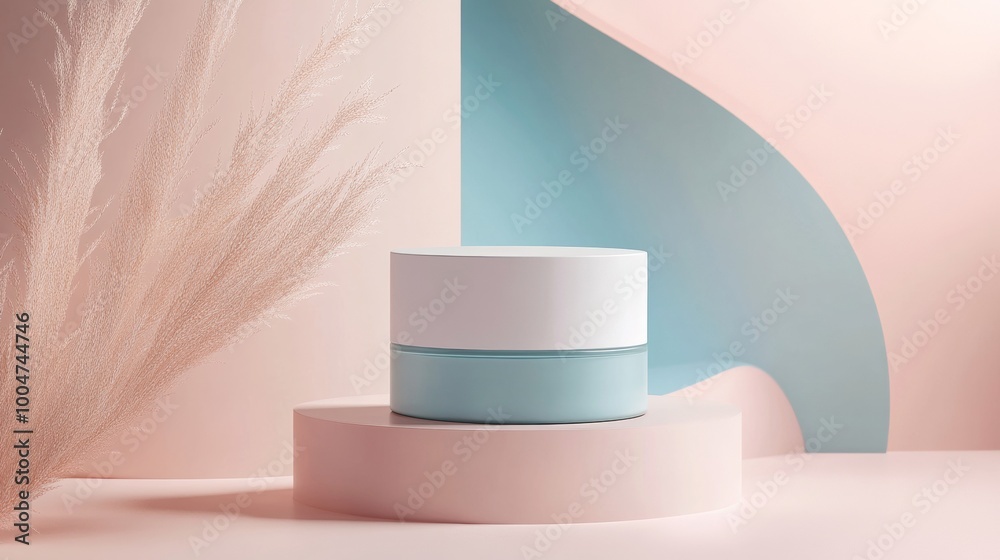 A white and blue container with a blue lid sits on a pink and blue base A white and blue container with a blue lid sits on a pink and blue base