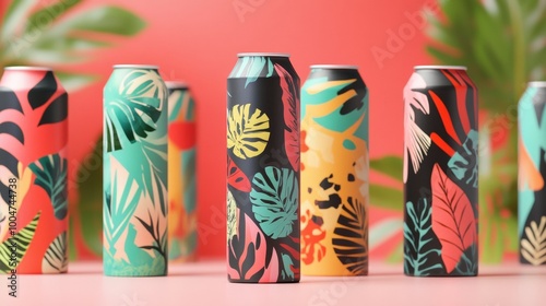 A row of colorful cans with tropical leaf designs