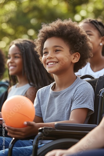 Smiling afro boy in wheelchair holding a ball outdoors. Youth and disability concept