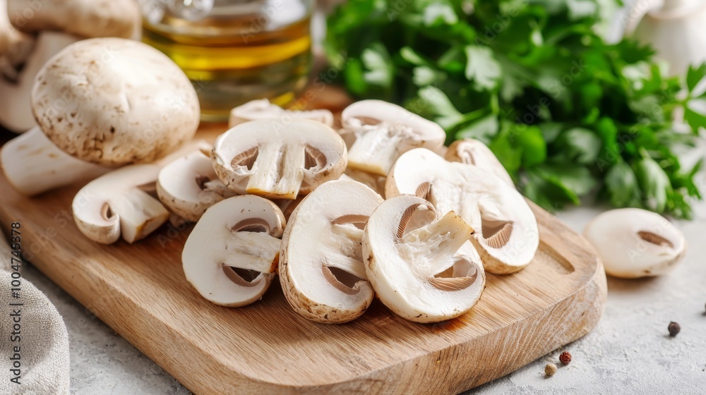 Sliced mushrooms ready for cooking on a cutting board Sliced mushrooms ready for cooking on a cutting board