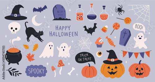 Halloween cute elements set pumpkins, ghosts, bat, tombstone, coffin, skull, candy, potion, bat, witch cauldron, black cat, bone, spider web, moon, cake etc. Cartoon flat style. Vector illustration