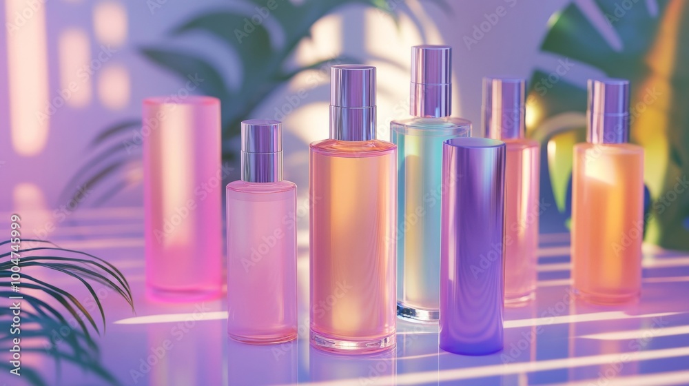 A row of colorful perfume bottles are lined up on a table A row of colorful perfume bottles are lined up on a table