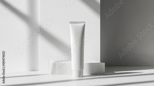 A tube of white makeup sits on a white pedestal