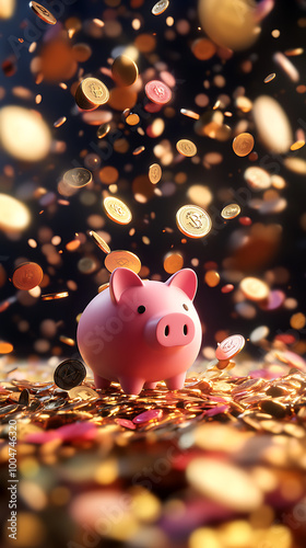 Piggy bank surrounded by falling coins on a dark background. photo