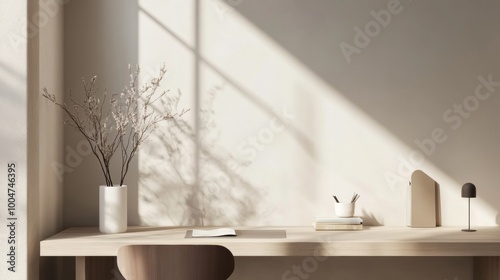 A desk with a vase of flowers, a book, a pen, and a lamp