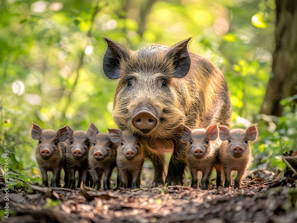 A wild boar mother and a group of her babies standing in the forest and looking at the camera A wild boar mother and a group of her babies standing in the forest and looking at the camera