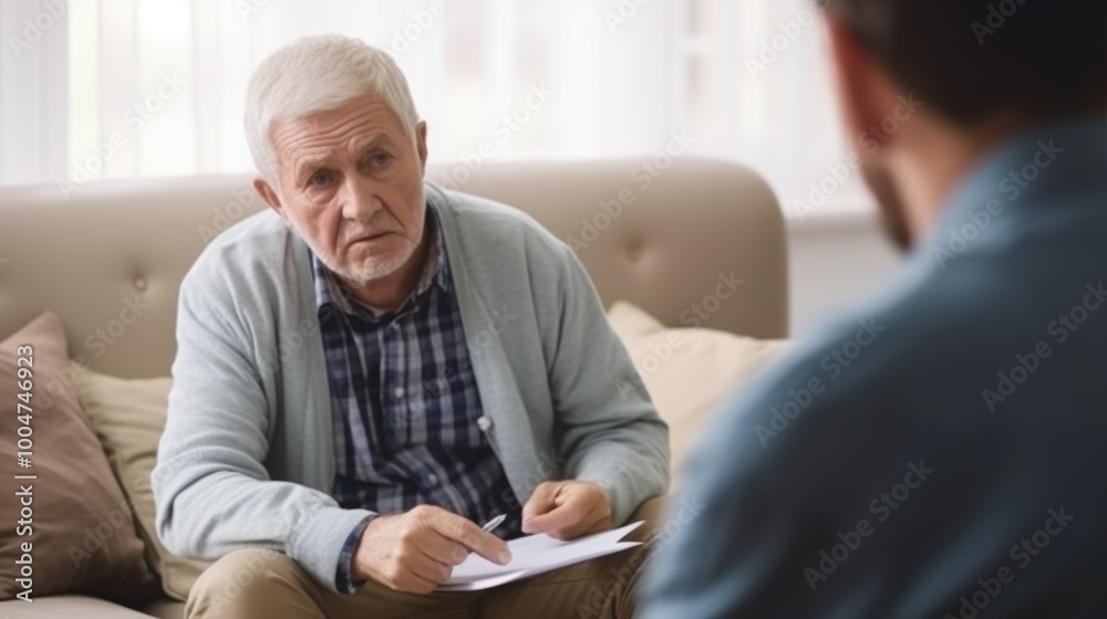 An elderly man in a light blue sweater, having a serious conversation, holds a pen and paper in a softly lit, comfortable living room. An elderly man in a light blue sweater, having a serious conversation, holds a pen and paper in a softly lit, comfortable living room.