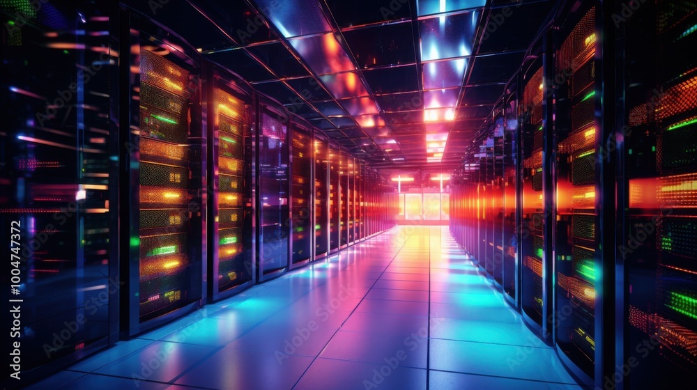 An aisle in a modern data center with rows of illuminated servers casting colorful glows in a dimly lit environment, exuding advanced technology vibes. An aisle in a modern data center with rows of illuminated servers casting colorful glows in a dimly lit environment, exuding advanced technology vibes.