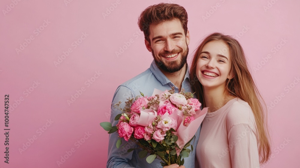 Happy couple with bouquet of pink flowers on pink background Happy couple with bouquet of pink flowers on pink background