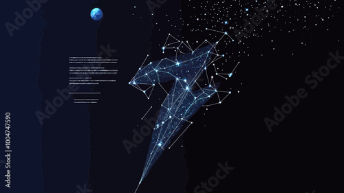 Abstract Energy Lightning Bolt with Starry Sky and Universe Elements - Vector Wireframe Concept in Minimalist Flat Style