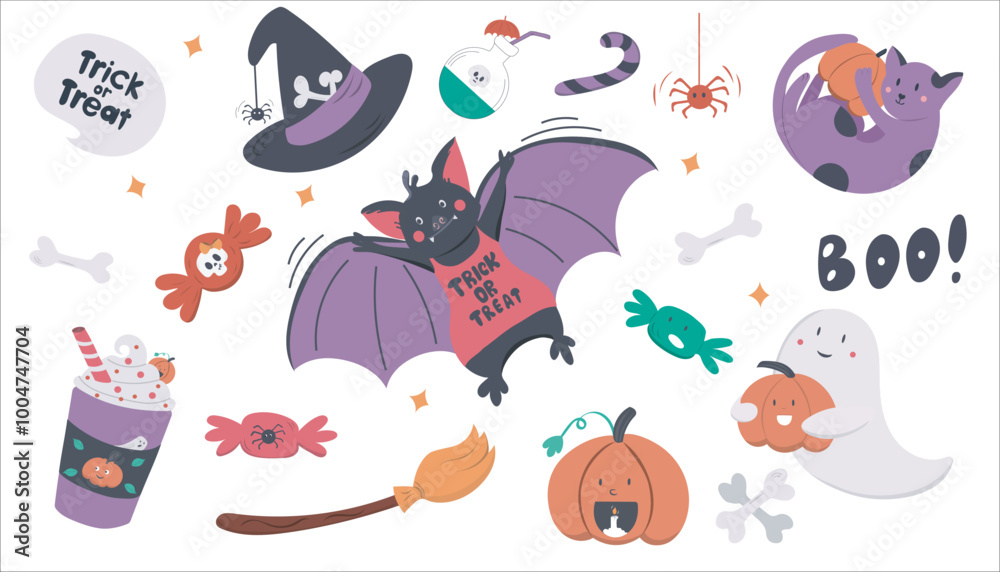 Naklejka premium Halloween vector set is ideal for commercial purposes: print, cards, posters, advertising, pattern