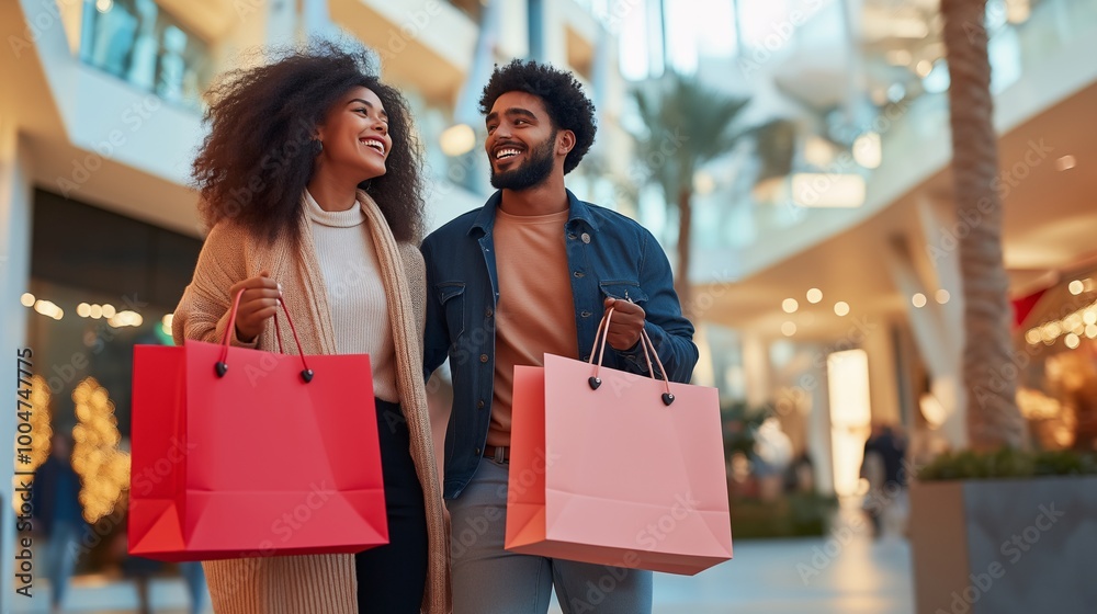 Happy young African American couple enjoying discounts and sales during Black Friday, Christmas, and Cyber Monday shopping season, celebrating retail excitement together Happy young African American couple enjoying discounts and sales during Black Friday, Christmas, and Cyber Monday shopping season, celebrating retail excitement together