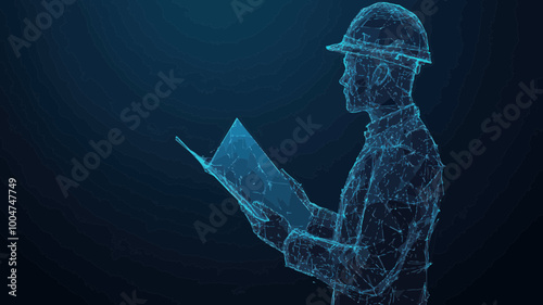 Digital Wireframe Engineer Holding Blueprint, Abstract Construction Concept in Polygonal Lines and Dots on Dark Blue Background, Minimalist SVG Vector Illustration