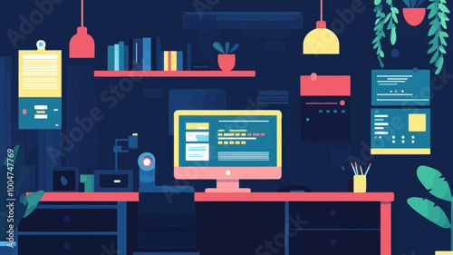 Flat Design Workspace Banner for Web Development and Graphic Design Projects with Modern Computer Setup and Office Environment