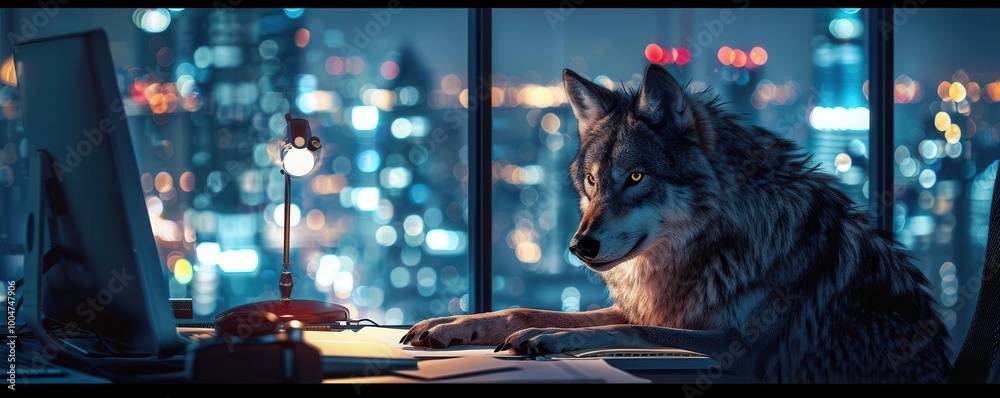 A wolf in a corporate office at night, working on business reports with city lights twinkling in the background, realism, dark tones, moody lighting, late-night business grind A wolf in a corporate office at night, working on business reports with city lights twinkling in the background, realism, dark tones, moody lighting, late-night business grind