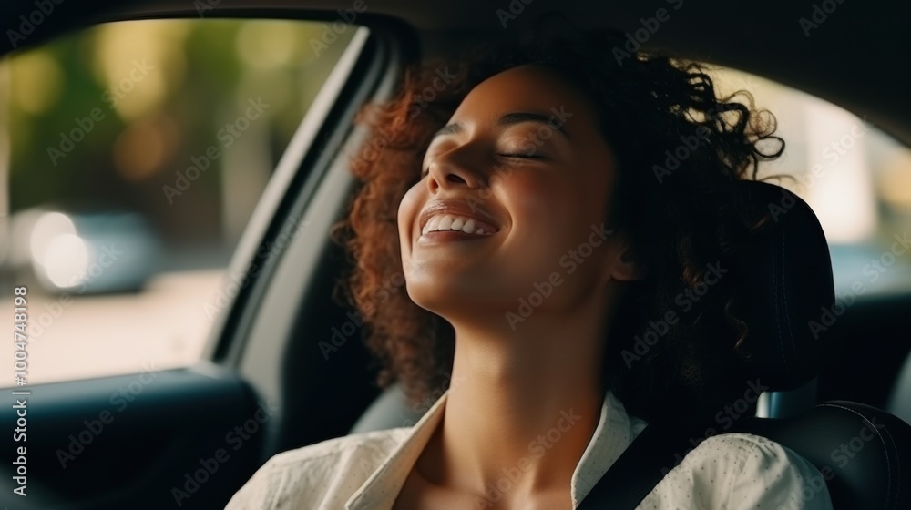 A content woman, eyes closed and smiling, leans on the steering wheel while seated inside a car. A content woman, eyes closed and smiling, leans on the steering wheel while seated inside a car.