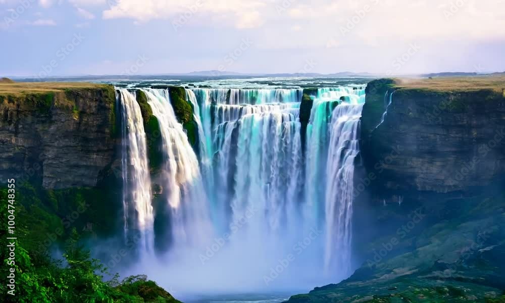 amazing waterfall, water crashing down over a wide cliff face covered in lush green vegetation amazing waterfall, water crashing down over a wide cliff face covered in lush green vegetation
