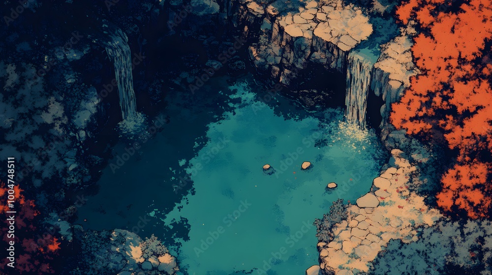 Obraz premium Mystical Waterfall Pool Surrounded by Forest and Rock Formations in Fantasy Setting