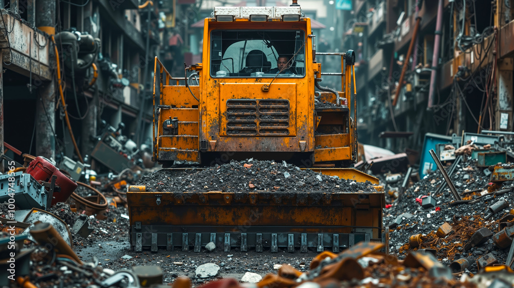 A bulldozer is driving through a pile of trash A bulldozer is driving through a pile of trash