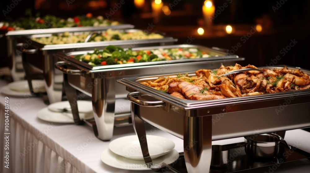 Fototapeta Chafing dishes filled with a variety of delicious foods at a catering event, ready to serve guests and enhance the celebration.