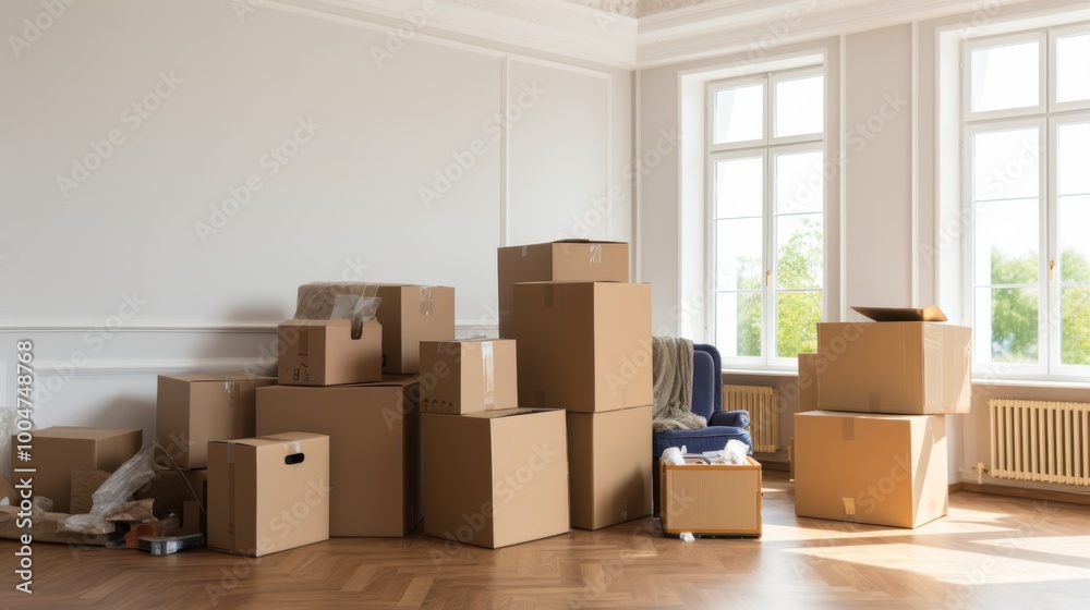 A room filled with scattered cardboard boxes amidst the chaos of moving day, capturing the transition into a new home. A room filled with scattered cardboard boxes amidst the chaos of moving day, capturing the transition into a new home.