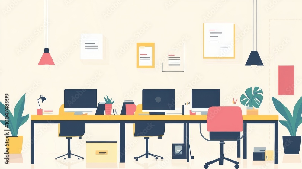Spacious and modern co-working office space with minimalist decor and plants, collaborative workspace concept Spacious and modern co-working office space with minimalist decor and plants, collaborative workspace concept