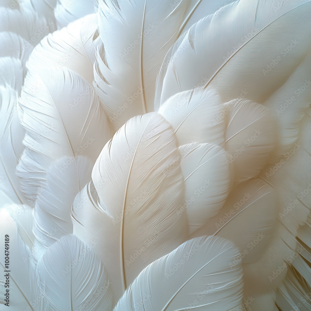 An abstract close-up of soft, white feathers creates a serene and calming visual, Ideal for backgrounds, textiles, or design elements in nature-related themes, it evokes tranquility and elegance,