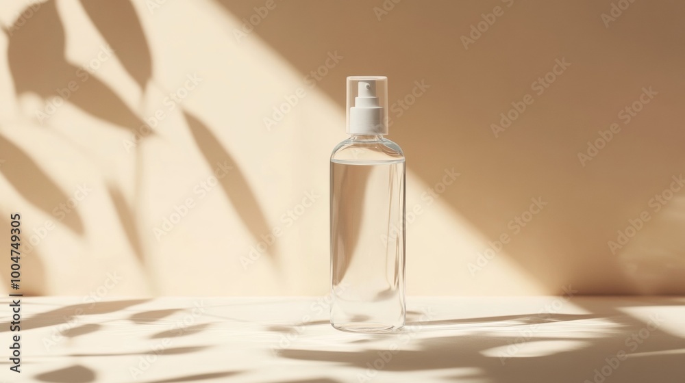 A clear bottle of perfume sits on a table in the sunlight A clear bottle of perfume sits on a table in the sunlight