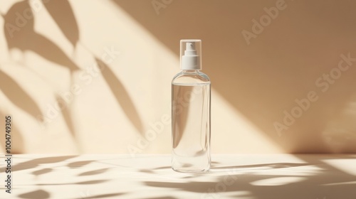 A clear bottle of perfume sits on a table in the sunlight