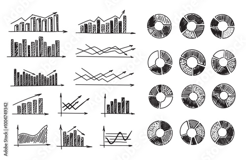 Graphs and Charts on white background, Set hand drawn . Vector	
