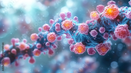 A close-up view of an exosome, focusing on the molecular details of the lipid bilayer surface