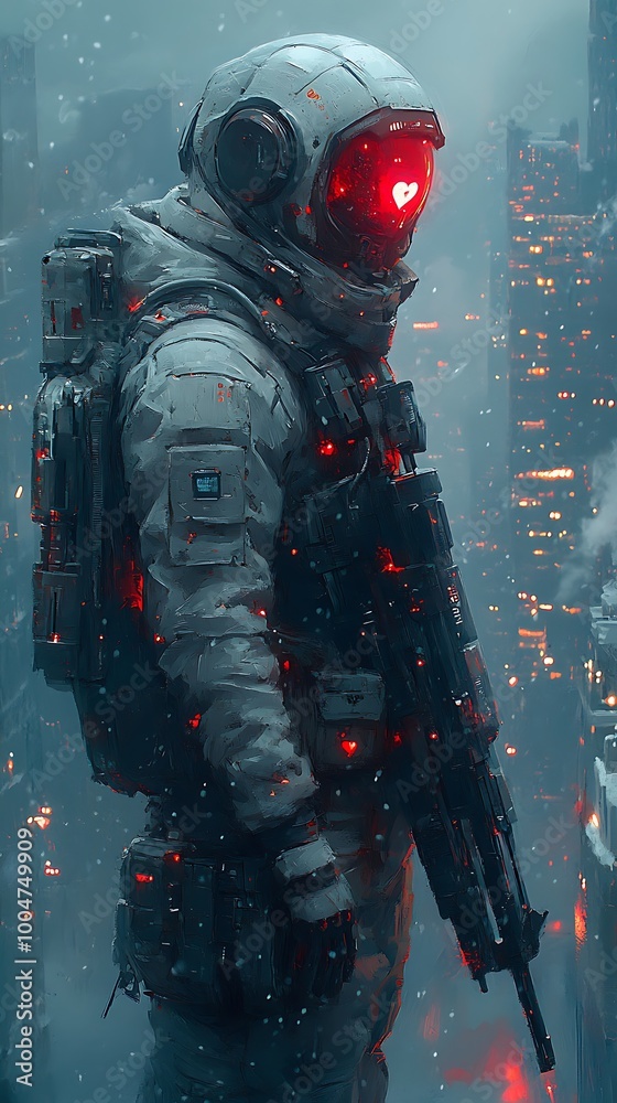 Futuristic soldier in a white spacesuit with red glowing visor holding a rifle in a cyberpunk city Futuristic soldier in a white spacesuit with red glowing visor holding a rifle in a cyberpunk city