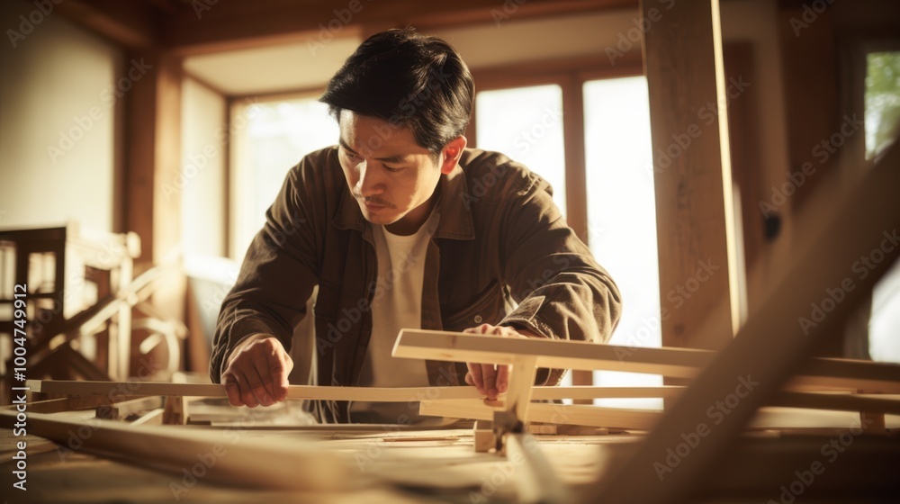 A dedicated individual meticulously assembles a wooden frame in a sunlit workshop, highlighting the craftsmanship and attention to detail. A dedicated individual meticulously assembles a wooden frame in a sunlit workshop, highlighting the craftsmanship and attention to detail.