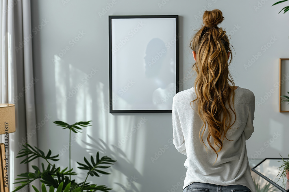 A woman standing in front of a framed picture on a wall A woman standing in front of a framed picture on a wall