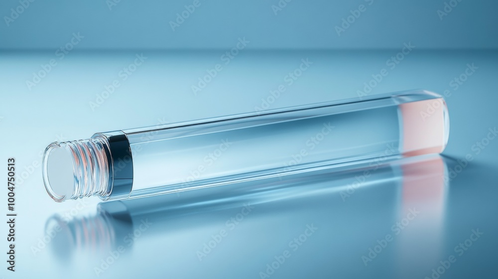 A clear tube with a pink tip is sitting on a blue surface A clear tube with a pink tip is sitting on a blue surface