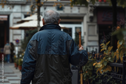 A man walking down a sidewalk with a cane