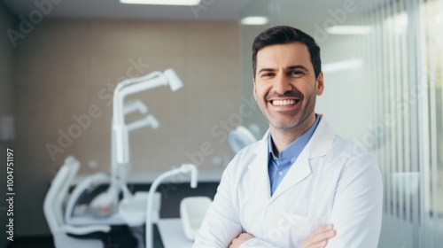 Wallpaper Mural A cheerful dentist standing in a bright, modern clinic, exuding friendliness and professionalism behind a backdrop of dental equipment. Torontodigital.ca