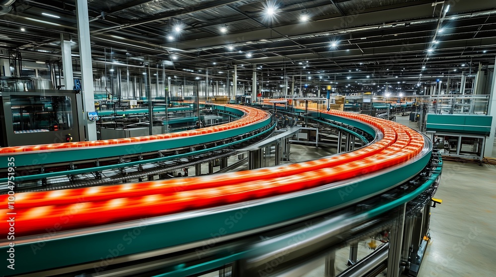 Obraz premium Conveyor system in a modern warehouse showcasing efficient logistics operations during nighttime