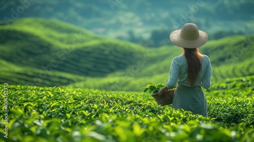 Rural landscape in Chiang Rai, Asia, with a female farmer collecting fresh tea leaves in a lush green plantation. Rolling hills and distant mountains and nature traditional farming