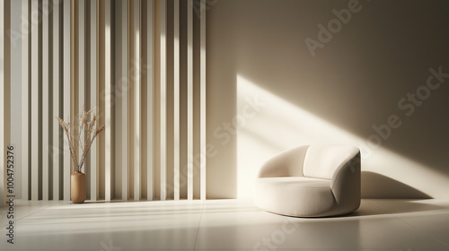 Minimalist interior with soft natural light streaming through vertical blinds, illuminating a cozy modern armchair and vase, creating a serene and elegant space.