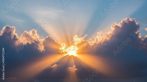 Fototapeta Naklejka Na Ścianę i Meble -  Fluffy clouds against the blue sky and rays of the setting sun. Weather conditions. Background of nature. Illustration for cover, postcard, interior design, banner, poster, brochure or presentation.