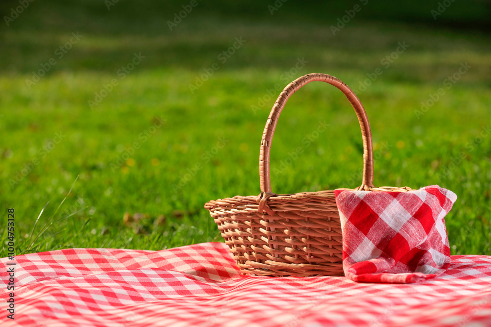 One picnic wicker basket with checkered napkin and blanket on green grass. Space for text One picnic wicker basket with checkered napkin and blanket on green grass. Space for text