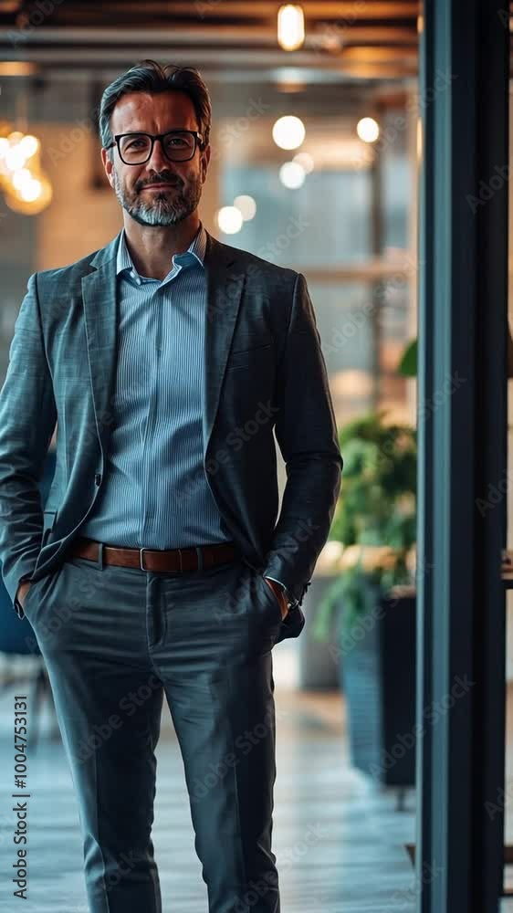 Businessman walking confidently through a modern office, showcasing a professional and successful corporate environment Businessman walking confidently through a modern office, showcasing a professional and successful corporate environment