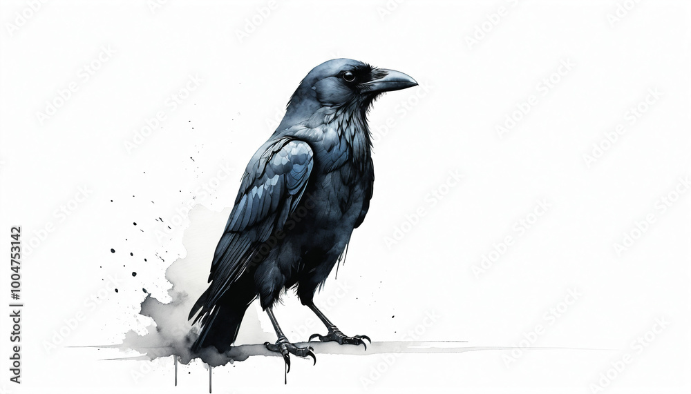 Obraz premium A striking black raven stands elegantly against a white backdrop, showcasing its detail and unique artistry, capturing natural beauty and grace