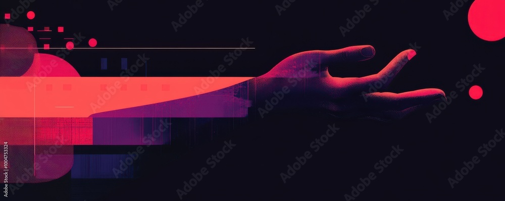 Vibrant digital illustration featuring an abstract outstretched hand with geometric shapes in a futuristic style Vibrant digital illustration featuring an abstract outstretched hand with geometric shapes in a futuristic style