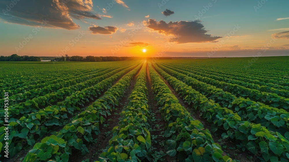 Serene Soybean Field at Dusk with Sunset Glow – Agricultural Landscape, Green Crops and Twilight Sky for Natural Farming Serene Soybean Field at Dusk with Sunset Glow – Agricultural Landscape, Green Crops and Twilight Sky for Natural Farming
