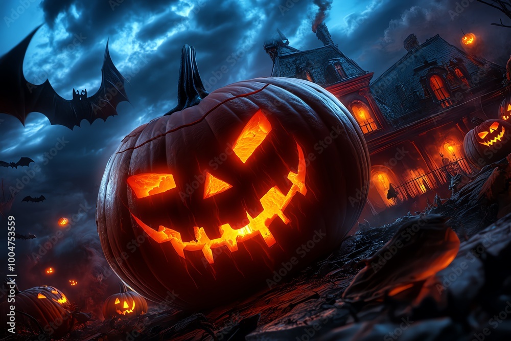 Fototapeta premium A haunted mansion in a fantasy world, where ghostly figures swirl around and magical pumpkins glow with eerie light on Halloween night